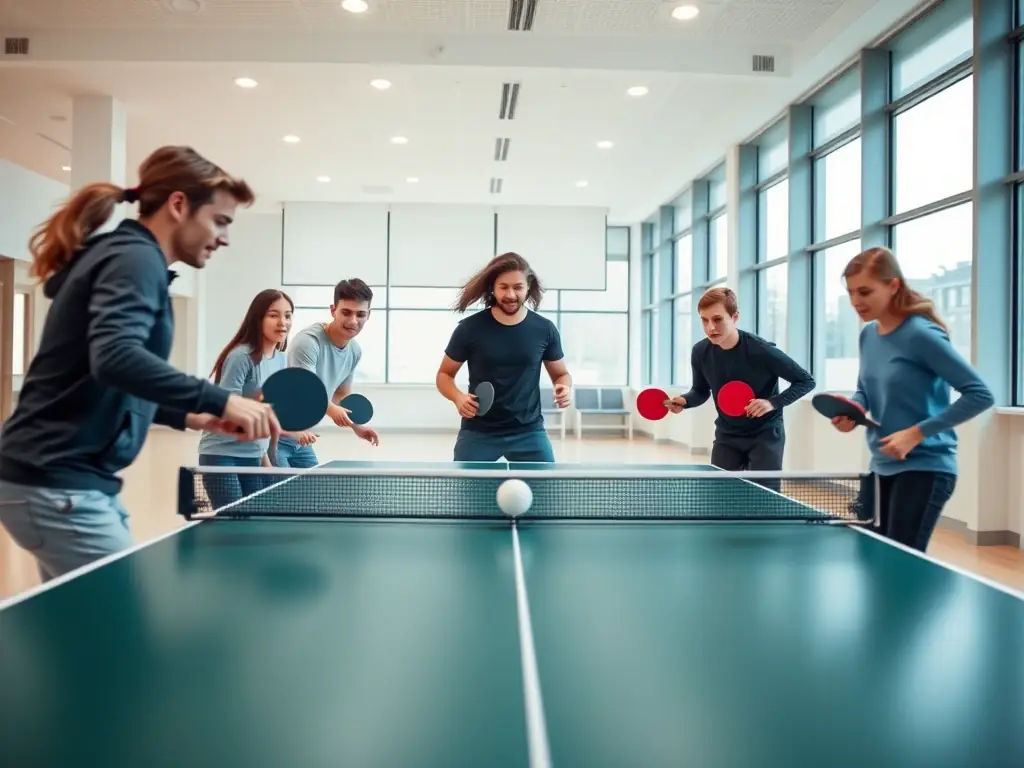 A group of diverse individuals, including children and adults, are playing table tennis together in a community center. The atmosphere is lively and inclusive, with smiles and laughter all around, showcasing the organization's commitment to social inclusion and community engagement.