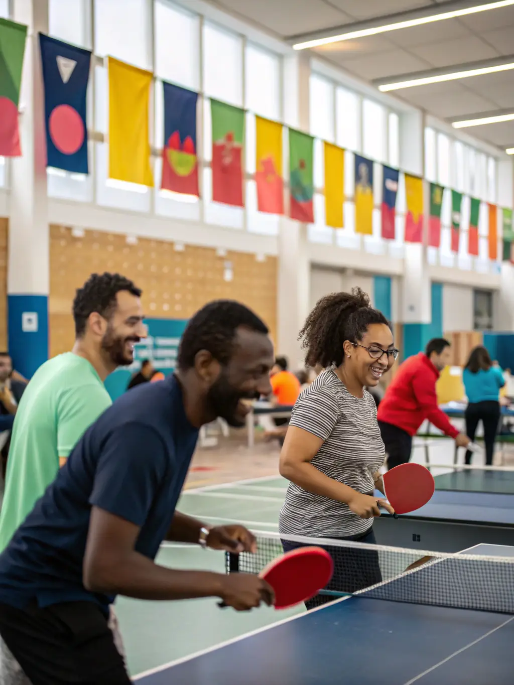 A photograph of disabled athletes participating in an adapted table tennis session at GAILLON AUBEVOYE TENNIS DE TABLE, highlighting inclusivity and accessibility.