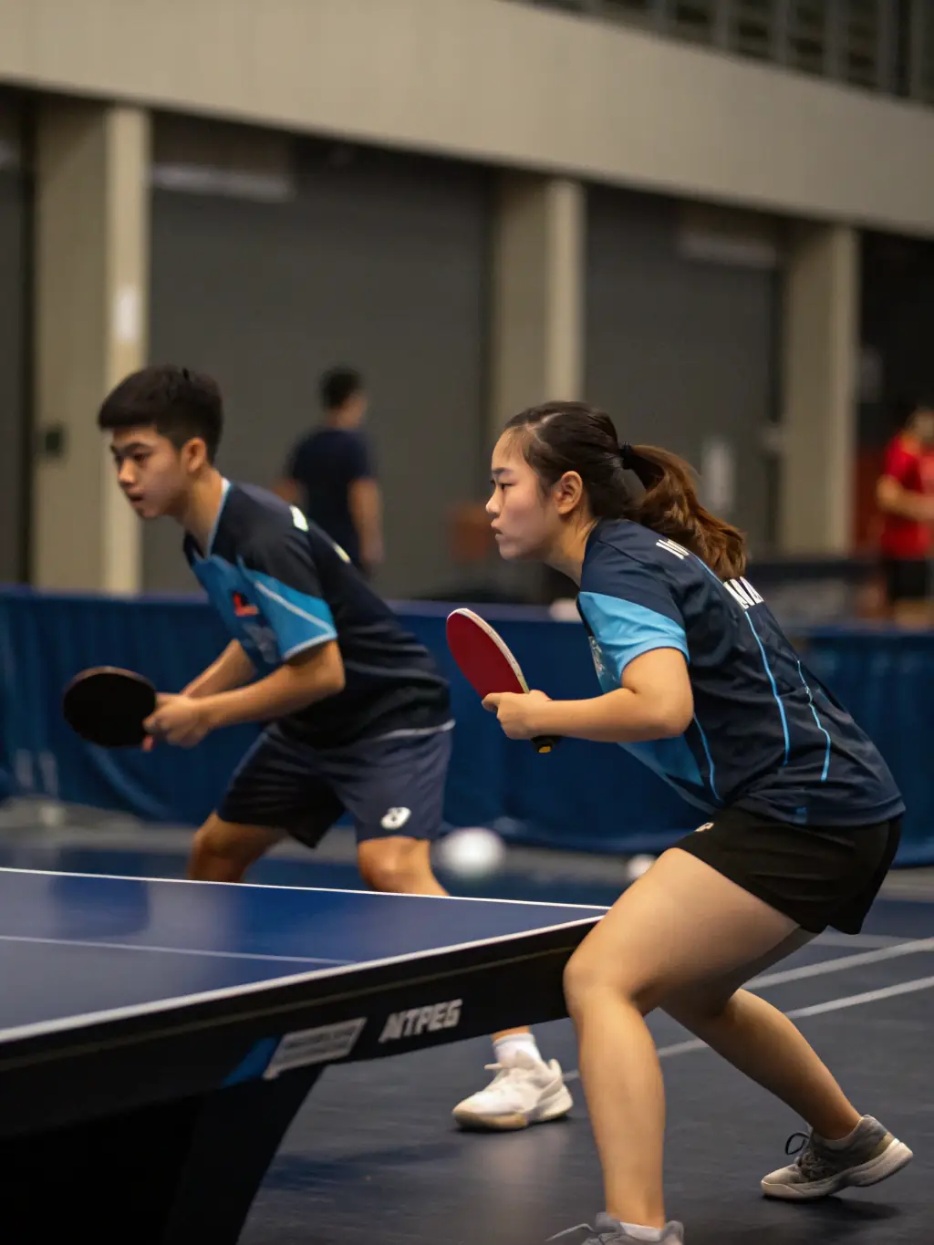 An image depicting a competitive table tennis match between two adult players, showcasing intense focus and skillful play. The backdrop includes spectators and club banners.