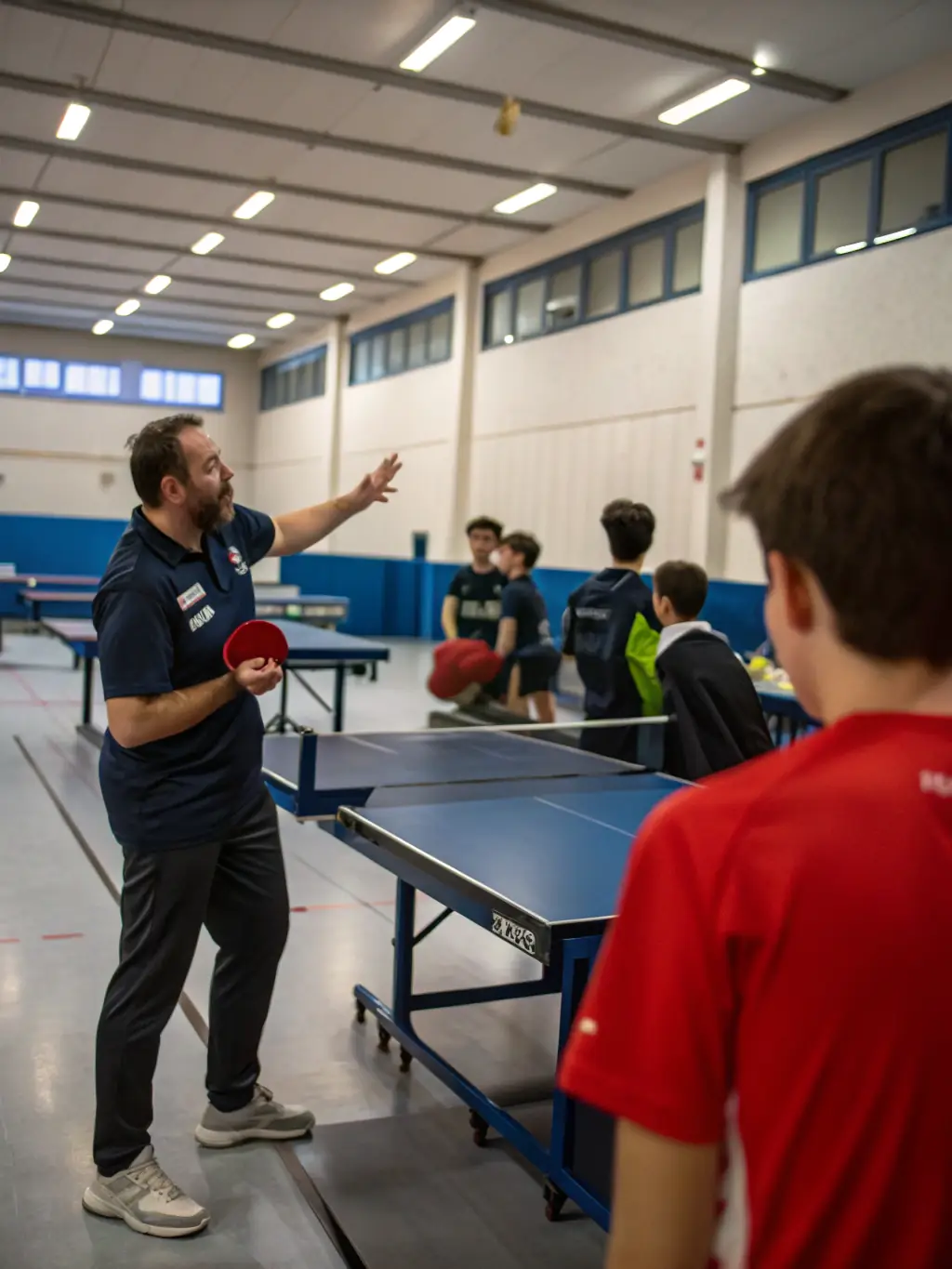 A photograph capturing a group of children participating in a beginner's table tennis training session, with a qualified coach providing guidance and encouragement. The setting is a well-lit gymnasium with multiple tables.