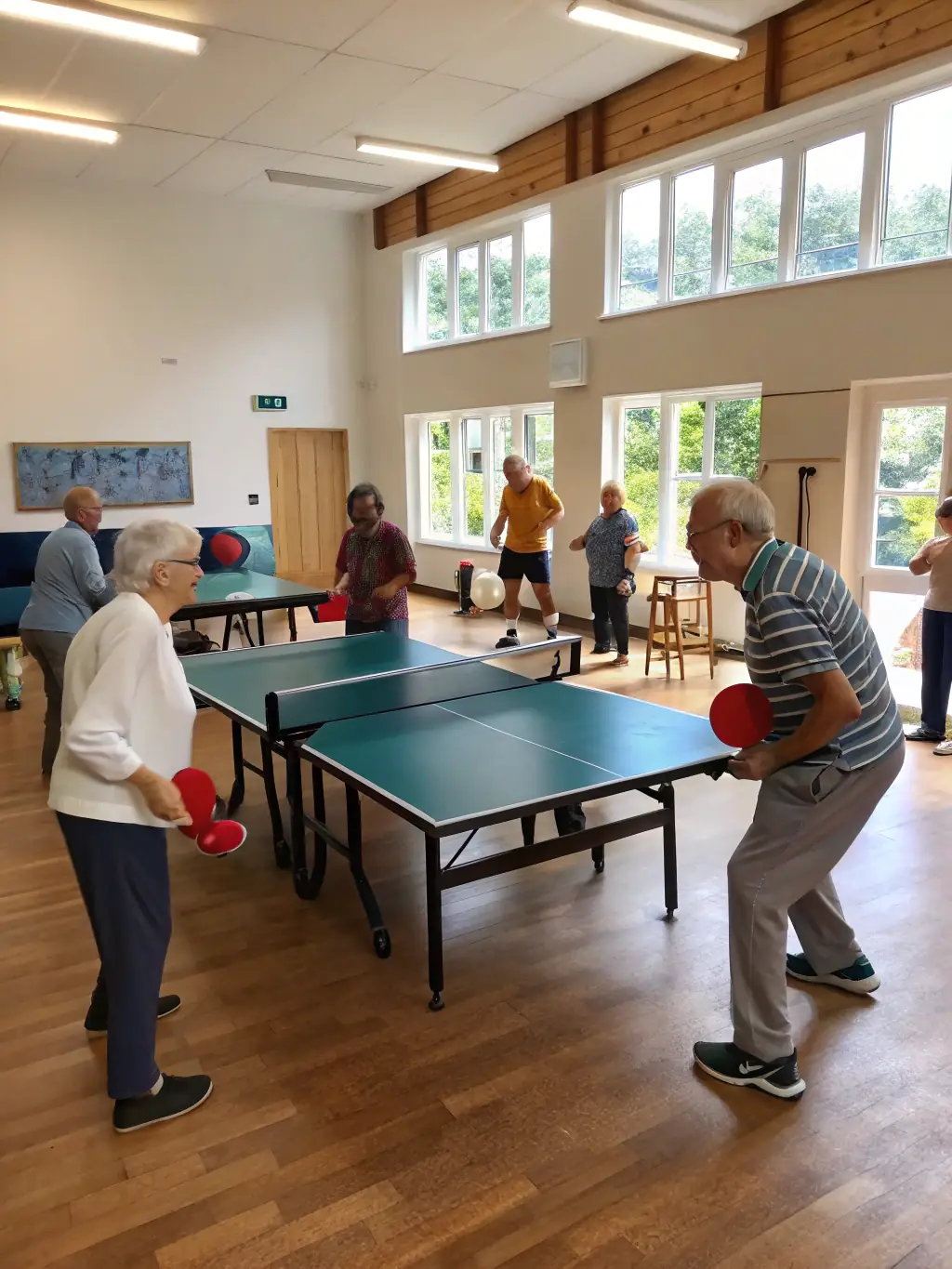 A photograph of senior citizens participating in a recreational table tennis session at GAILLON AUBEVOYE TENNIS DE TABLE, emphasizing health and social interaction.